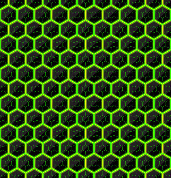 Hexagons of black stone with green streaks of energy. Seamless vector texture. Technology seamless pattern. Vector geometric dark background.