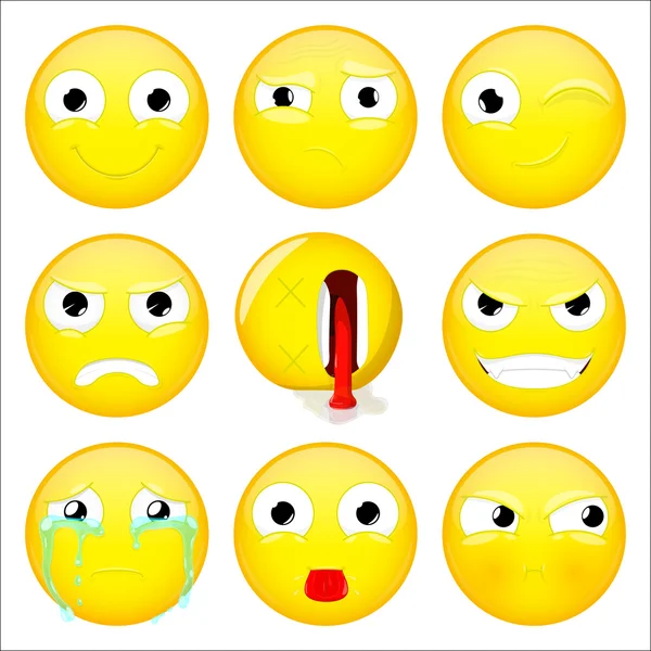 Emoji set. Le, vad, wink, arg, död, ont, gråt, Visa tungan, tjura uttryckssymbol. Vektor illustration. — Stock vektor