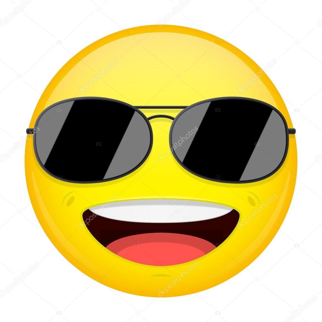 Happy emoji. Smirk emotion. Cool guy with sunglasses emoticon. Vector illustration smile icon.