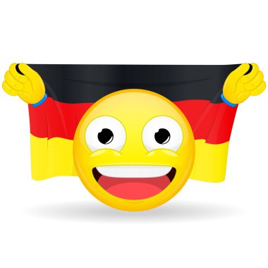 Emoji fan eller bayrak başının arkasına almıştır. Alman bayrağı. Fan ülkesi için umurunda değil. Zafer seyirci duygu azarlıyorsun. İfade övünmek. Spor oyunları gülümseme vektör çizim tutkunu.