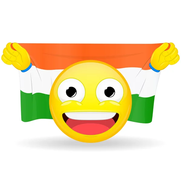 Emoji wentylator posiada flagę ręce za głowę. Flagi Indii. Fan troszczy się o swojego kraju. Chwały widza rufowych emocji. Wesel emotikon. Buff sportowe gry uśmiech wektor ilustracja. — Wektor stockowy
