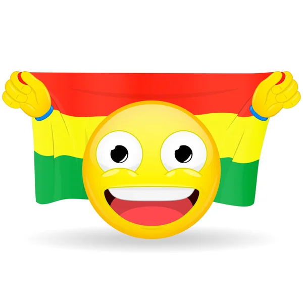 Emoji fan holds in hands flag behind his head. Bolivian flag. Fan cares for his country. Glory spectator bawl emotion. Exult emoticon. Buff of sports games smile vector illustration. — Stock Vector