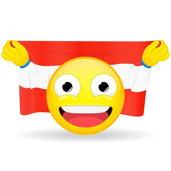 Abanico emoji sostiene en las manos bandera detrás de su cabeza. Bandera austriaca. Fan se preocupa por su país. Glory espectador grita emoción. Emoticono de resultado. Buff de juegos deportivos sonrisa vector ilustración . — Archivo Imágenes Vectoriales