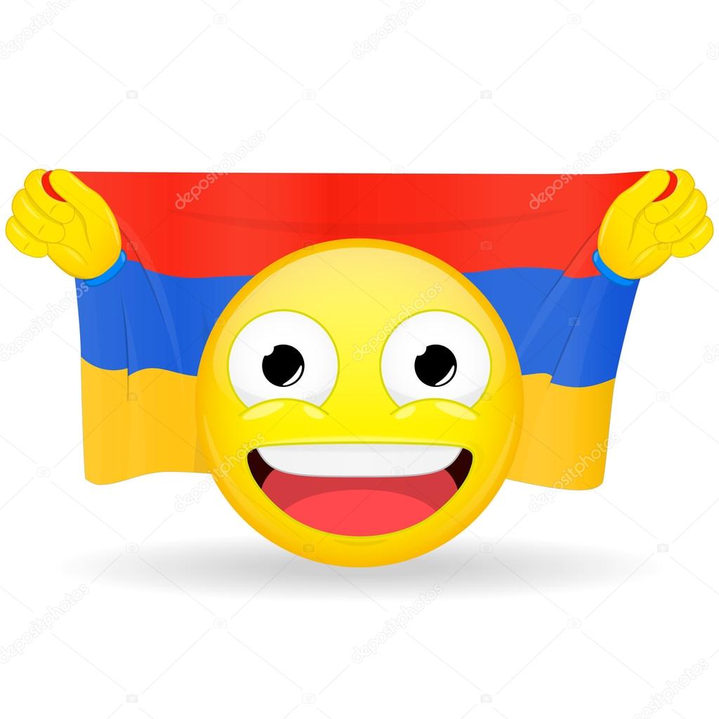 Abanico emoji sostiene en las manos bandera detrás de su cabeza. Bandera armenia. Fan se
