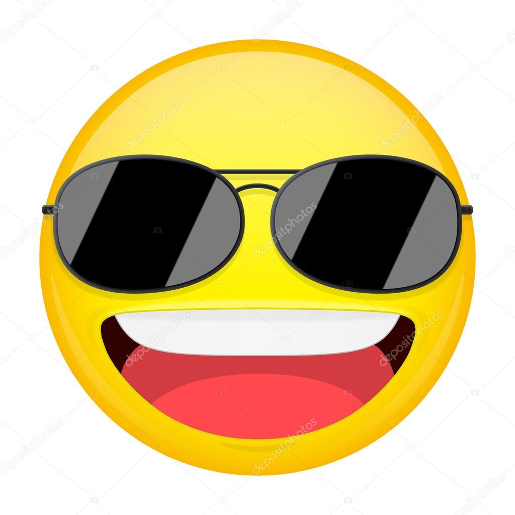 Happy emoji. Smirk emotion. Cool guy with sunglasses emoticon. Vector ...