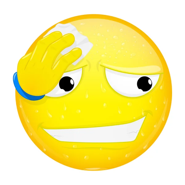 Emoji pulisce il sudore con un fazzoletto. Lavoro duro, calore, emozione del nipote. Togliti di dosso l'emoticon. Illustrazione vettoriale icona sorriso . — Vettoriale Stock