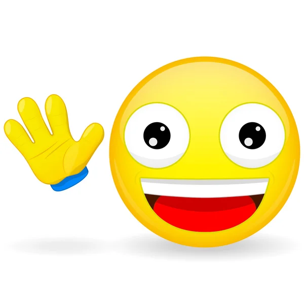 Hello emoticon. Emoticon waves his hand. Joyful emoticon. Pleased emoji. Happy emotion. Vector illustration smile icon. — Stock Vector