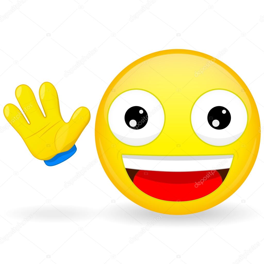 Hello emoticon. Emoticon waves his hand. Joyful emoticon. Pleased emoji. Happy emotion. Vector illustration smile icon.