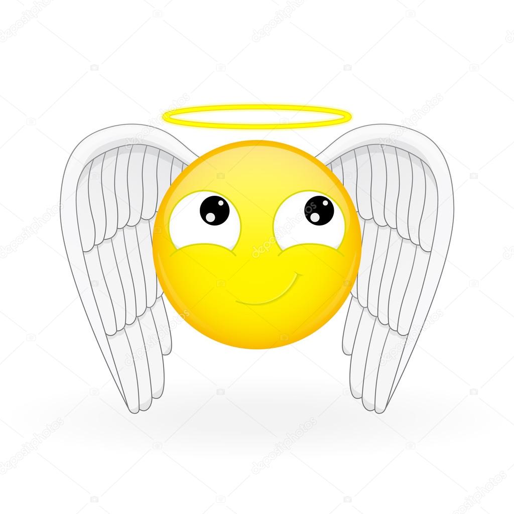 Emoticon with wings and a nimbus. Angel emoticon. Holy emoticon. Innocent emoji. Cute smiling emotion. Vector illustration smile icon.