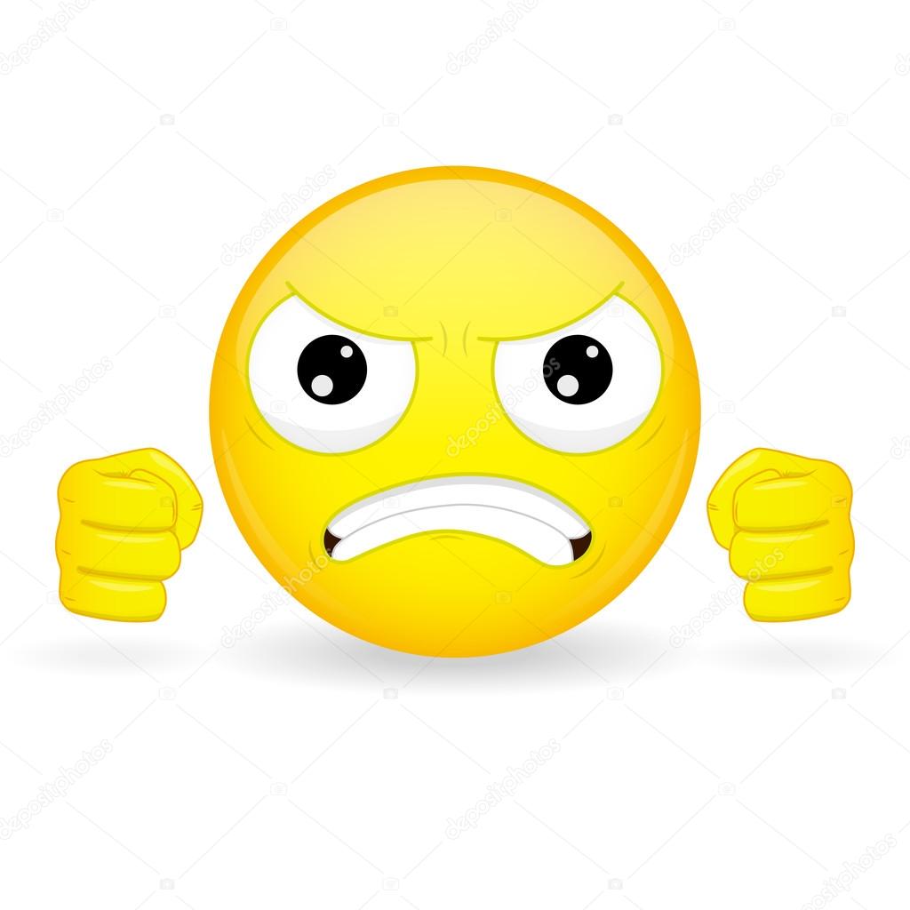 Emoticon squeezed fists. Angry emoticon. Wicked emoticon. Furious emoji. Anger emotion. Vector illustration smile icon.