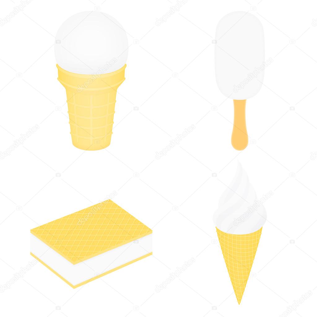 Set of white ice cream. Ice cream in a cup. Ice lolly. Ice cream between two wafers. Ice cream in a conical cup. Vector illustration. Isolated on white.