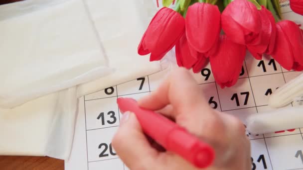 Close up female hand marks the days of menstruation in the calendar period. — Stock Video