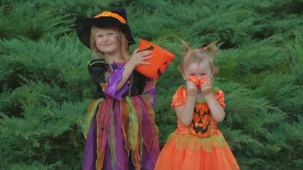 Dos niños pequeños, niñas, en traje de halloween están tumbados en la hierba y comiendo dulces para Halloween. — Vídeo de stock