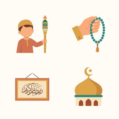 Ramazan ve Kurban Bayramı 'nın çeşitli kültürel ve ruhsal yönlerini yansıtan, namaz kılmak, oruç tutmak ve İslam bayramını kutlamak da dahil olmak üzere bir dizi ikon.