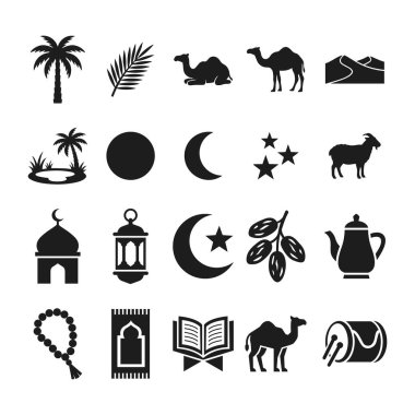 İslam kültürünün elementlerini, çöl manzaralarını ve Ramazan geleneklerini temsil eden kapsamlı siyah siluet simgeleri.