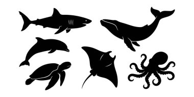 Sualtı yaşam siluetlerinden oluşan temiz bir vektör koleksiyonu bembeyaz üzerine izole edilmiş koyu siyah okyanus canlıları yüzen bir köpekbalığı, atlayan bir yunus balığı, deniz kaplumbağası manta vatozu ve ahtapot akvaryum markası ve yaz tasarımı için harika.