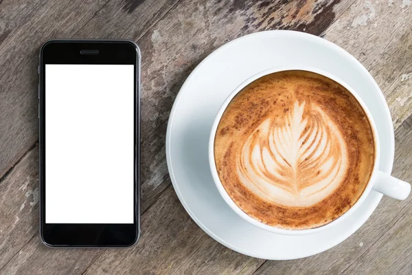 Boş Cep Telefonu Ahşap Masadaki Kahve Fincanı Boş Ekranlı Smart — Stok fotoğraf