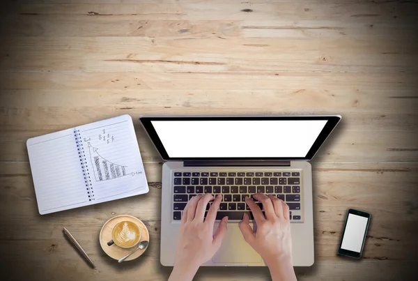 office desk mockup: laptop, smart phone, and cup of coffee and n