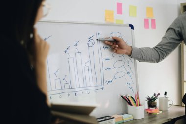 İş adamları birlikte çalışarak teknik fiyat grafiği ve göstergesini analiz ediyor. Çizelge ve hisse senedi ticareti bilgisayar ekranı.