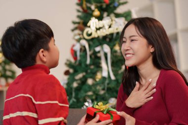 Genç bir çocuğun, Noel 'in şenlikli döneminde annesine güzel paketlenmiş bir hediye vermesi çok iç açıcı bir sahne..