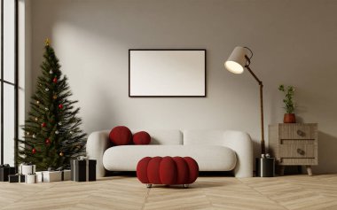 Güzel bir Noel ağacı ve zarif paketlenmiş hediyelerle tatil kutlamaları için tasarlanmış şık ve modern bir yaşam alanı..