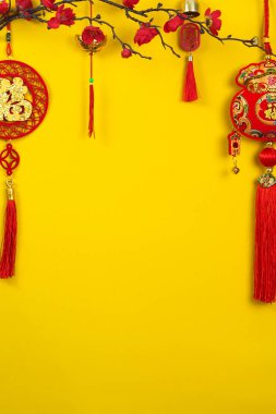 Kırmızı çiçekleri ve geleneksel Çin dekorasyonlarını temsil eden parlak sarı arka plan, iyi şans ve neşeyi simgeliyor..