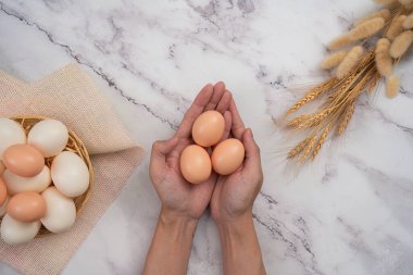 Paskalya yemeği ve aile toplantılarının hazırlıklarını sembolize eden taze yumurtaları sepetin üstünde tutan bir insan..