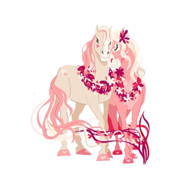 Sevgililer Günü için romantik atlar çiftinin vektör çizimi. Aşk kartları, davetiyeler, posterler, hediyeler, kırtasiye malzemeleri, mevsimlik romantik tasarım projeleri için hassas ve büyüleyici sanat eserleri.