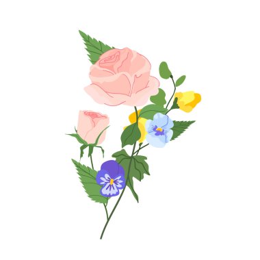 Zarif bir gül dalını içeren botanik vektör illüstrasyonunda canlı bir nonoş çiçeği ve aile yadigarı romantizm düğün kırtasiyesi için ayrıntılı yeşil yapraklar var.