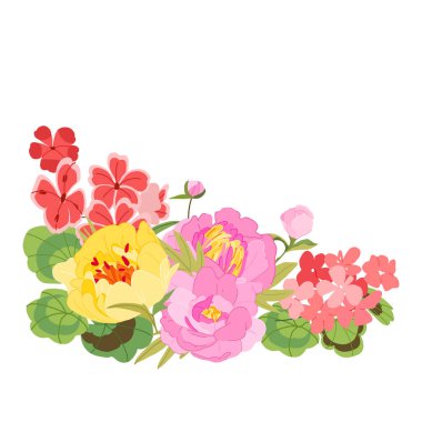 Şık bir botanik köşe kompozisyonu, gür pembe şakayık çiçekleri ve yeşil yapraklı sardunya çiçekleri vektör illüstrasyonuyla. Romantik düğün kırtasiyesi için mükemmel, bahar damgalaması.