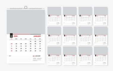 2026 duvar takvimi tasarım şablonu, 12 sayfa takvim tasarımı 