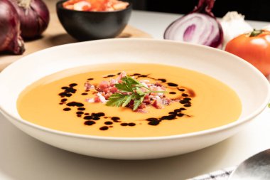 Soğuk domates çorbası, salmorejo, yanında da Iberico reçeli. İspanyol geleneksel yemekleri. Yüksek kalite fotoğraf