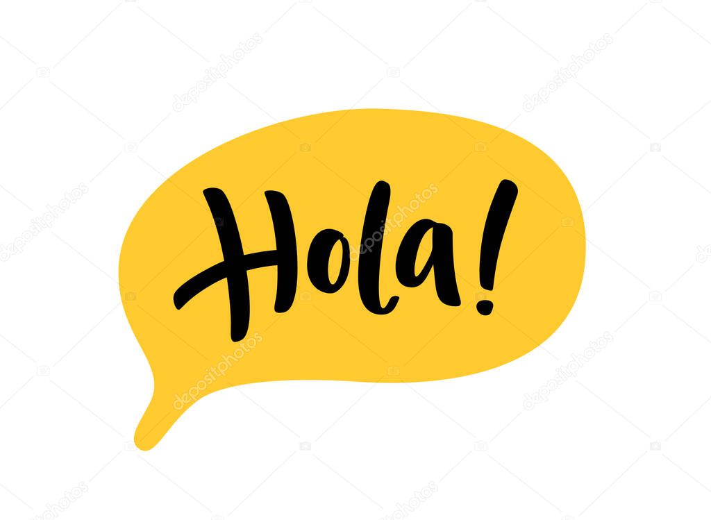 Hola word lettering. Spanish hello text. Hand drawn quote. Brush calligraphy phrase. Vector illustration for print on shirt, card, poster etc. Black and white.