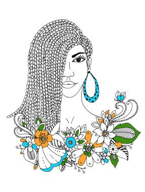 Vector illustration zentangl portrait  African American woman, mulatto, Negro. Doodle floral frame,  braids, coloring book anti stress for adults. Black and white. clipart