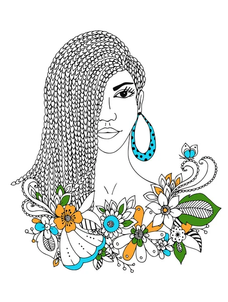 Vektor illustration zentangl porträtt African American woman, mulatt, Negro. Doodle blommig ram, flätor, färg boka anti stress för vuxna. Svart och vitt. — Stockfoto