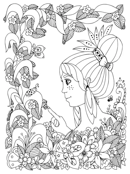 Vector illustratie zentangl meisje kind met sproeten kijkt lieveheersbeestje in een bloem. Doodle frame bloem, Tuin, bos, lente. Kleurplaat boeken anti stress voor volwassenen. Zwart wit. — Stockfoto