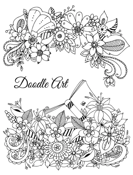 Ilustración vectorial de marco floral zen enredo, garabato. Zenart, garabatos, flores, mariposas, delicada, hermosa. Blanco y negro. Libros para colorear para adultos anti-estrés . — Vector de stock