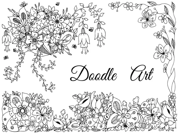 Vector εικονογράφηση του floral πλαίσιο Ζεν κουβάρι, doodling. Zenart, doodle, λουλούδια, πεταλούδες, λεπτή, όμορφη. Μαύρο και άσπρο. Ενηλίκων χρωματισμός βιβλία αντι ΣΤΡΕΣ. — Διανυσματικό Αρχείο
