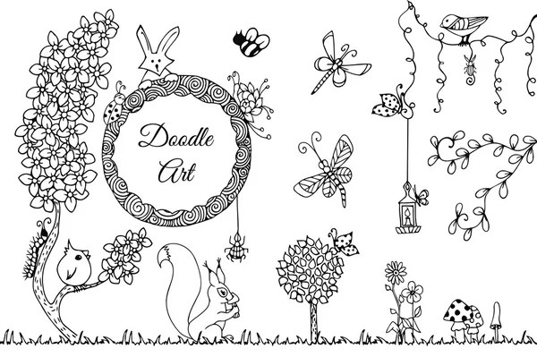 Vector εικονογράφηση Ζεν κουβάρι άγρια φύση. Doodle λουλούδια, Κήπος, δάσος. Χρωματίζοντας βιβλίο αντι στρες για τους ενήλικες. Πλήρης σελίδα. Μαύρο λευκό. — Διανυσματικό Αρχείο
