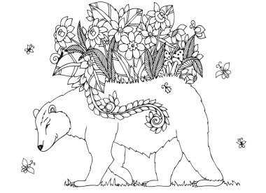Vector illustration Zen Tangle bear with flowers. Doodle drawing floral frame. Coloring book anti stress for adults. Black white. vector