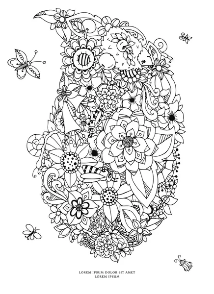 Vektör çizim zentangl kartı çiçekli. Doodle çiçekler, Bahar, takı, düğün. Boyama kitabı anti stres yetişkinler için. Siyah beyaz. — Stok Vektör