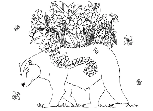 Illustrazione vettoriale Zen Tangle orso con fiori. Doodle disegno cornice floreale. Libro da colorare anti stress per adulti. Bianco nero . — Vettoriale Stock