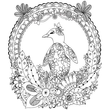 Vector illustration Zen Tangle, a penguin in flower frame. Doodle drawing. Coloring book anti stress for adults. Black white. vector