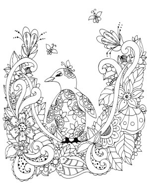 Vektör illüstrasyon Zen Tangle, çiçek çerçeve içinde bir penguen. Karalama çizimi. Yetişkinler için boyama kitabı anti stres. Siyah beyaz.