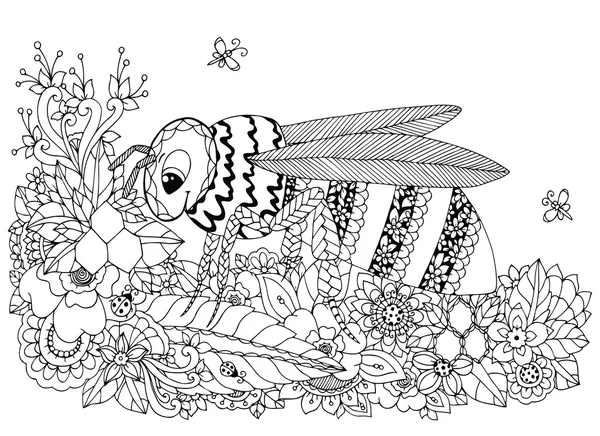 Vektör illüstrasyon Zen Tangle, wasp ve çiçekler. Karalama çizimi. Yetişkinler için boyama kitabı anti stres. Siyah beyaz. — Stok Vektör