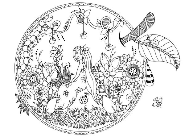 Ilustración vectorial Zen Tangle, niña sentada en una manzana. Doodle flores. Libro para colorear anti estrés para adultos. Blanco negro . — Vector de stock