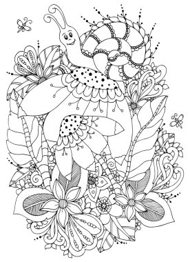 Vector illustration Zen Tangle Snail on flowers. Doodle drawing. Coloring book anti stress for adults. Black white. clipart