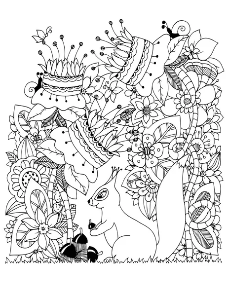 Resimde Zen dolaştırmak, sincap çiçek oturan meşe palamudu ile vektör. Çizim doodle. Boyama kitabı anti stres yetişkinler için. Siyah beyaz. — Stok Vektör