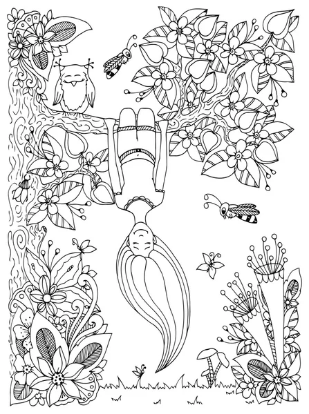 Ilustración vectorial Zen Tangle, chica cuelga de un árbol boca abajo. Doodle marco floral. Libro para colorear anti estrés para adultos. Blanco negro . — Vector de stock