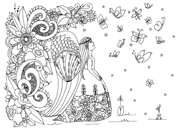 Illustrazione vettoriale Zen groviglio angelo ragazza con fiori. Disegno Doodle. Libro da colorare anti stress per adulti. Bianco nero . — Vettoriale Stock